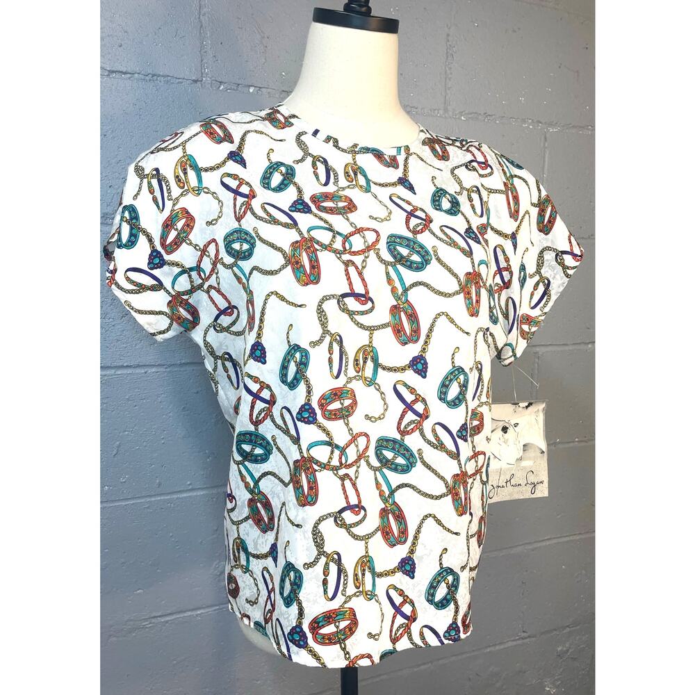 Vintage 1990s Deadstock NWT Jonathan Logan Embossed Jewelry Print Blouse Small